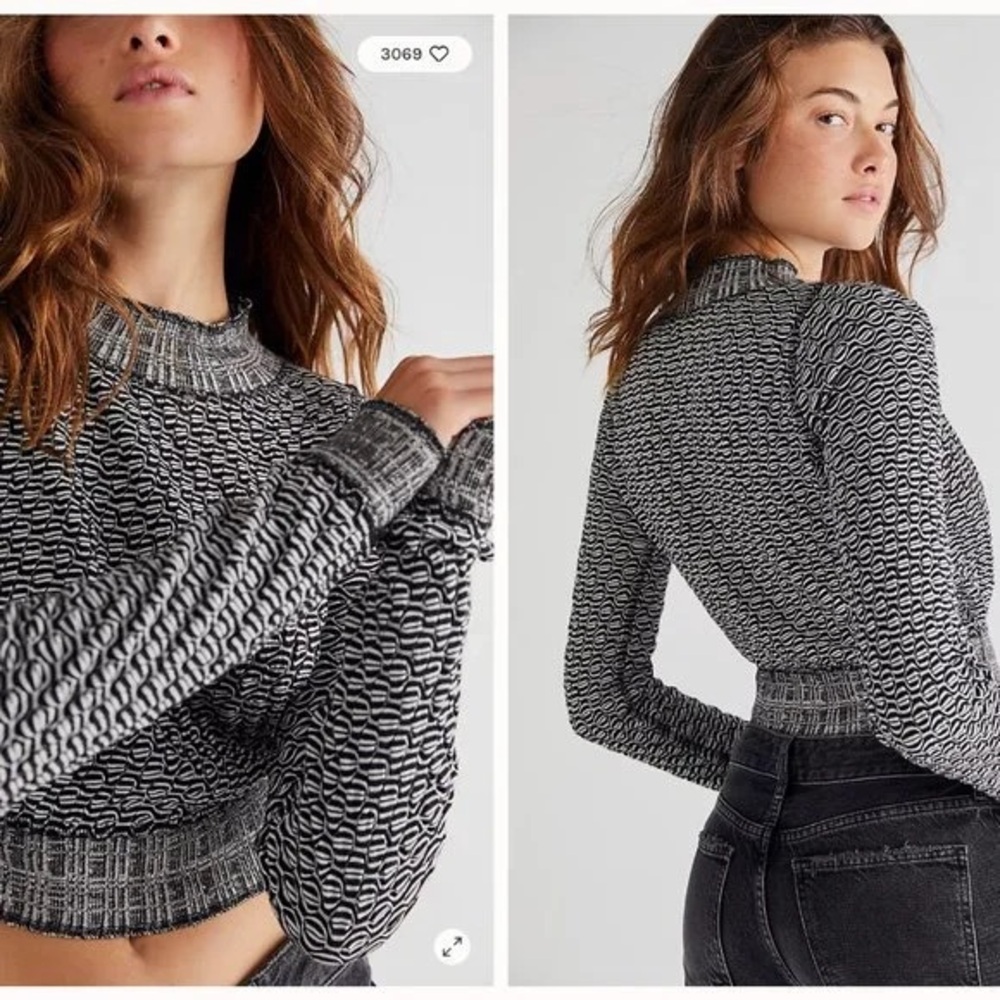 Free People cropped black & white printed mock neck sweater in size M